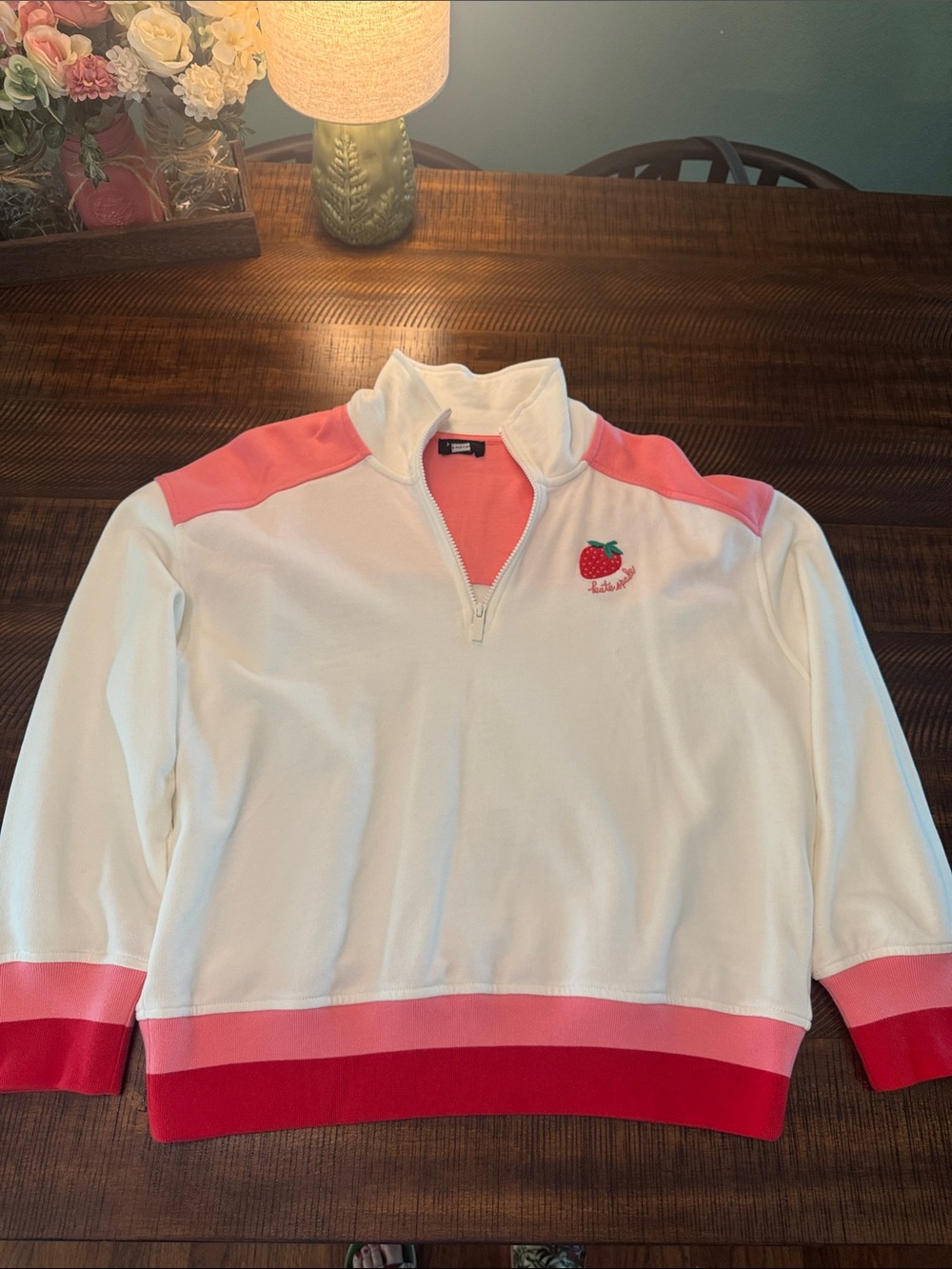 kate spade White Sweatshirt with Pink & Coral Trim and Strawberry Motif